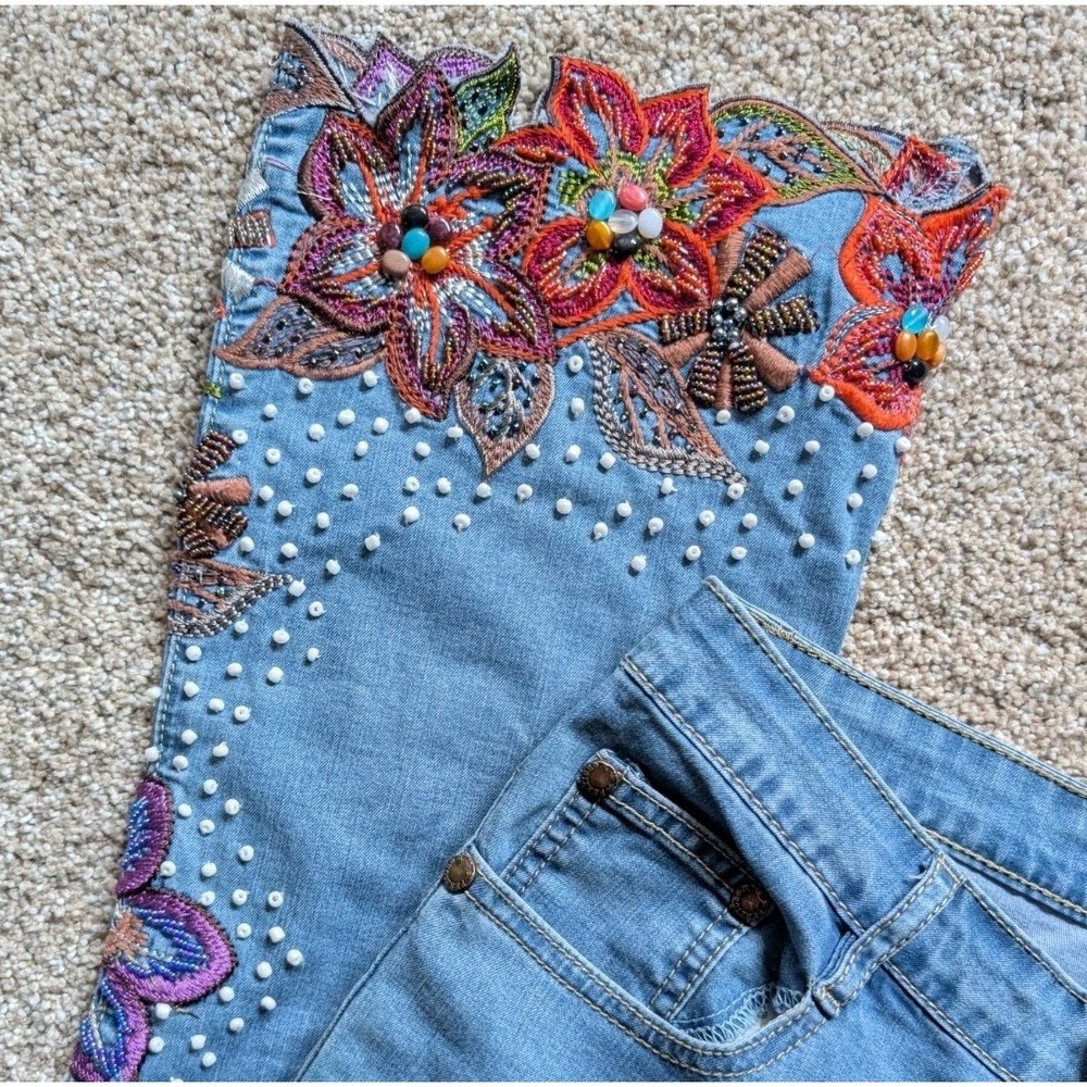 VTG FERZIGE Womens 28 Cropped Beaded Jeans Coquette Summer Colorful Y2K Boho